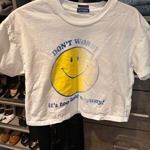 MOTHER White Tee with Yellow Smiley and Blue Text